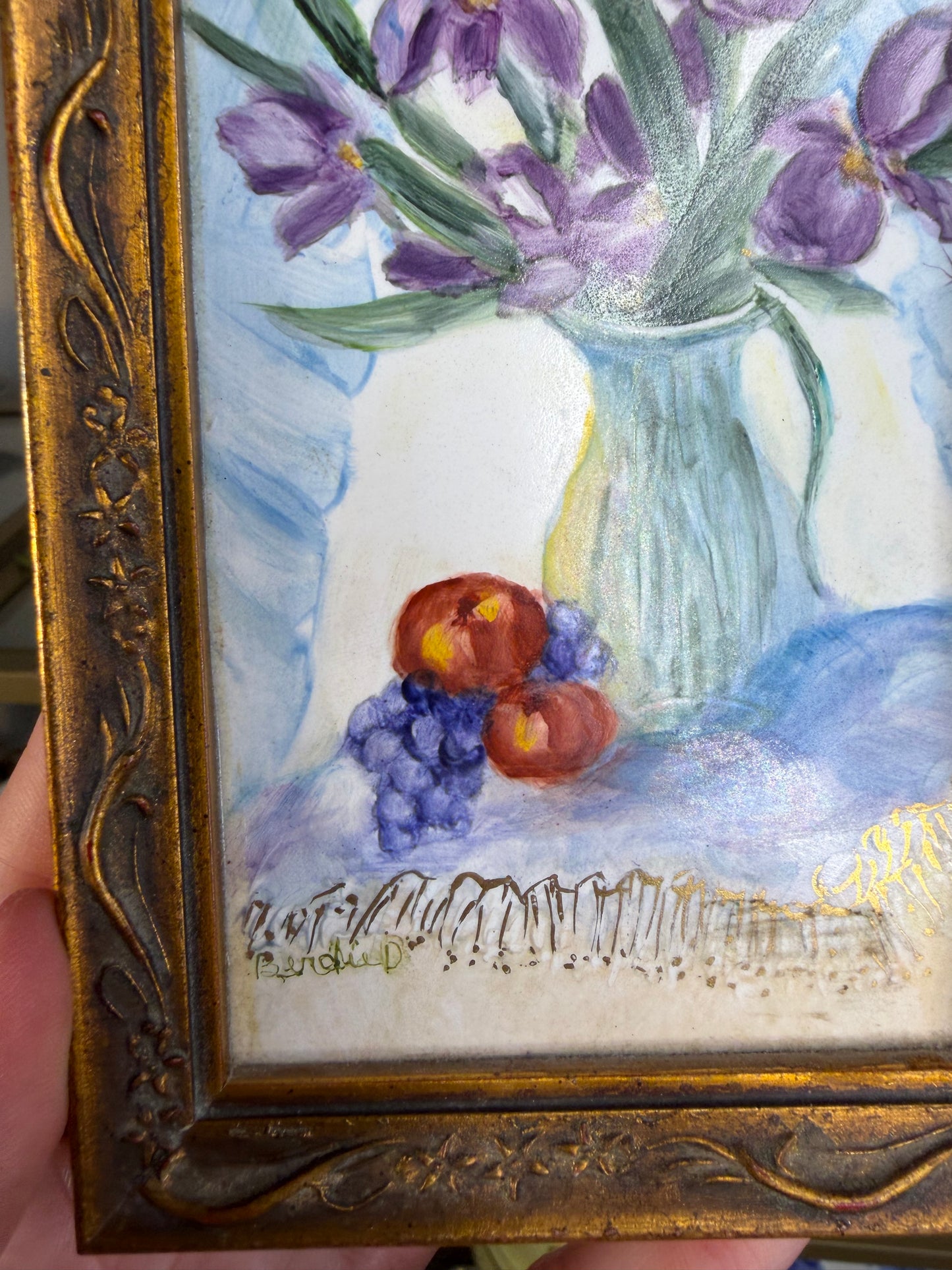 Gorgeous signed floral art on ceramic with brass stand!