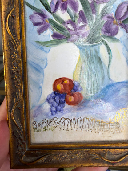 Gorgeous signed floral art on ceramic with brass stand!