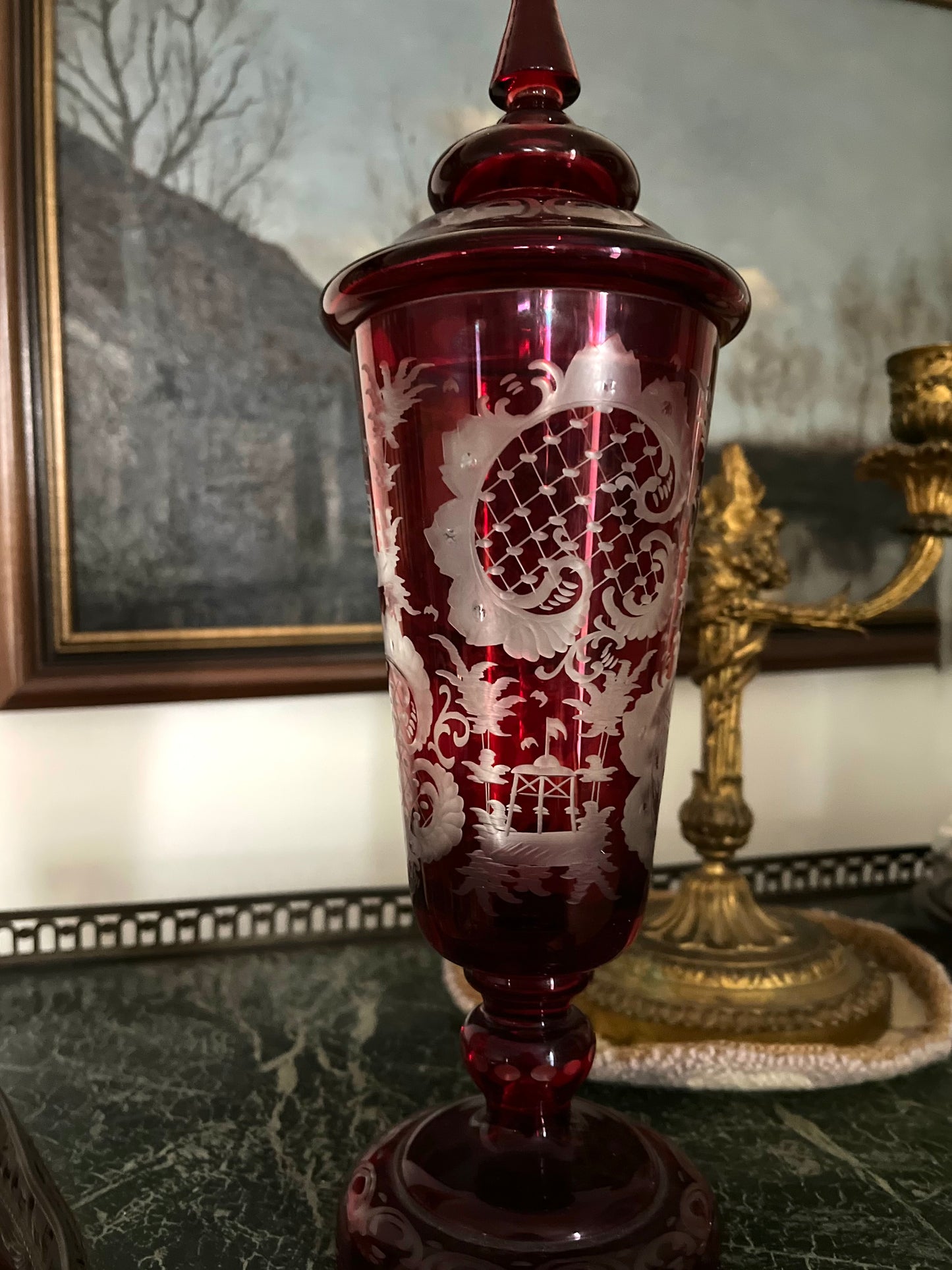 19th Century Continental Ruby Red Cut-to-Clear Lidded Goblets with Landscape Etching, Pair in perfect condition