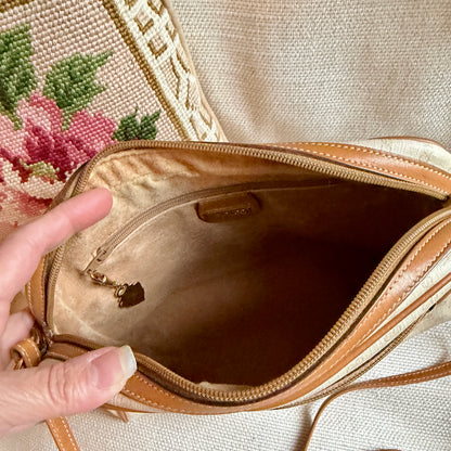Vintage Gucci GG Monogram Neutral Cream Brown Leather Trim Crossbody Handbag