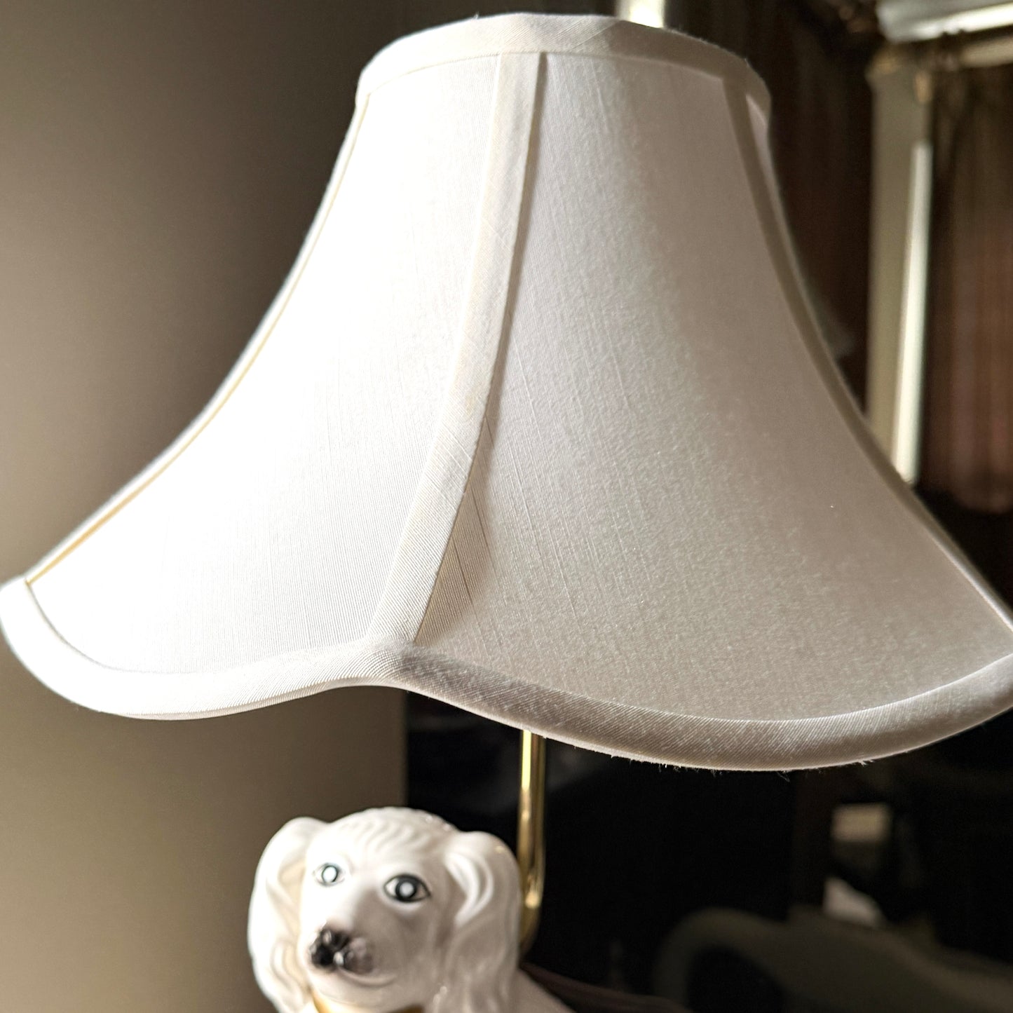 From my private collection... staffordshire style dog on silk pillows lamp with tulip shade