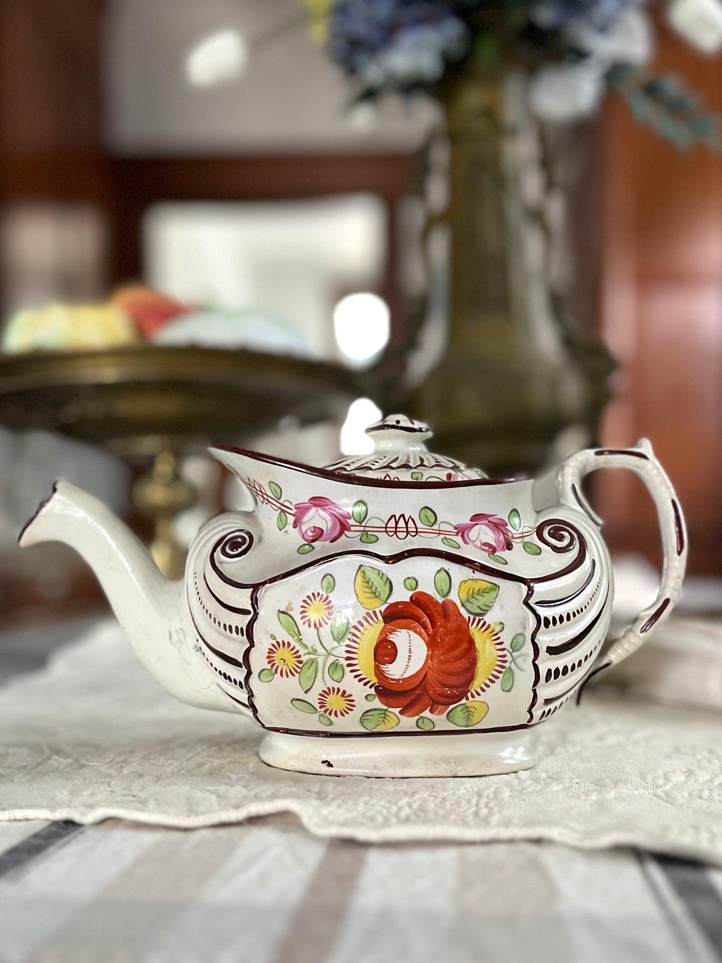 Live 08/18 Georgian Antique English Staffordshire King’s Rose Pearlware Teapot - Handpainted