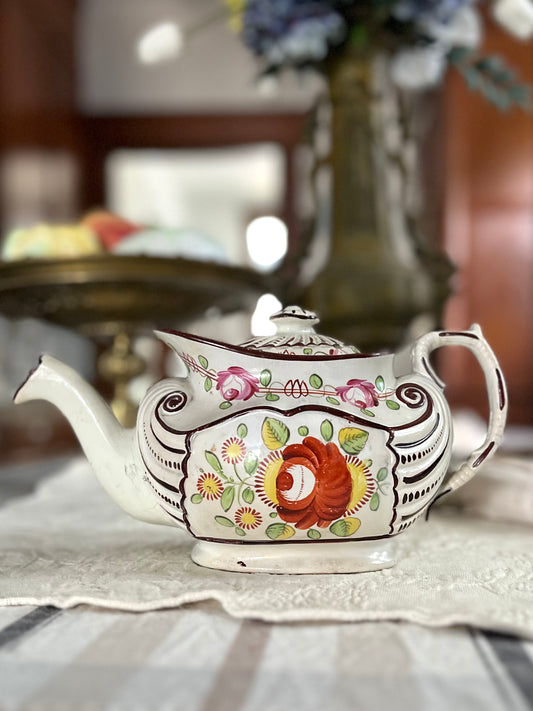 Georgian Antique English Staffordshire King’s Rose Pearlware Teapot - Handpainted