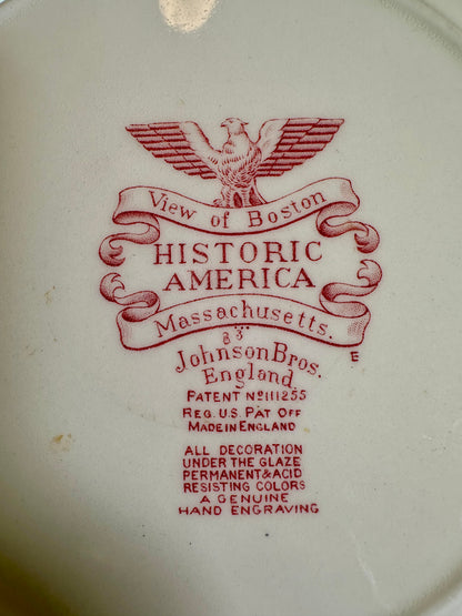 Vintage Johnson Bros. Historic America “View of Boston” Red Transferware Dinner Plate | 10”