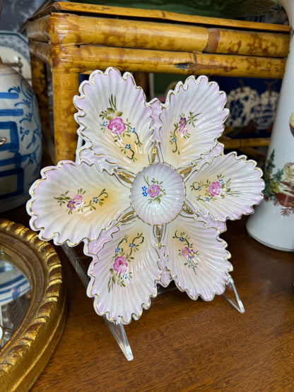 Antique Continental Pink & Gold Porcelain Ruffled Edge Oyster Plate | Hand-Painted Florals | c.1880s | 9” D