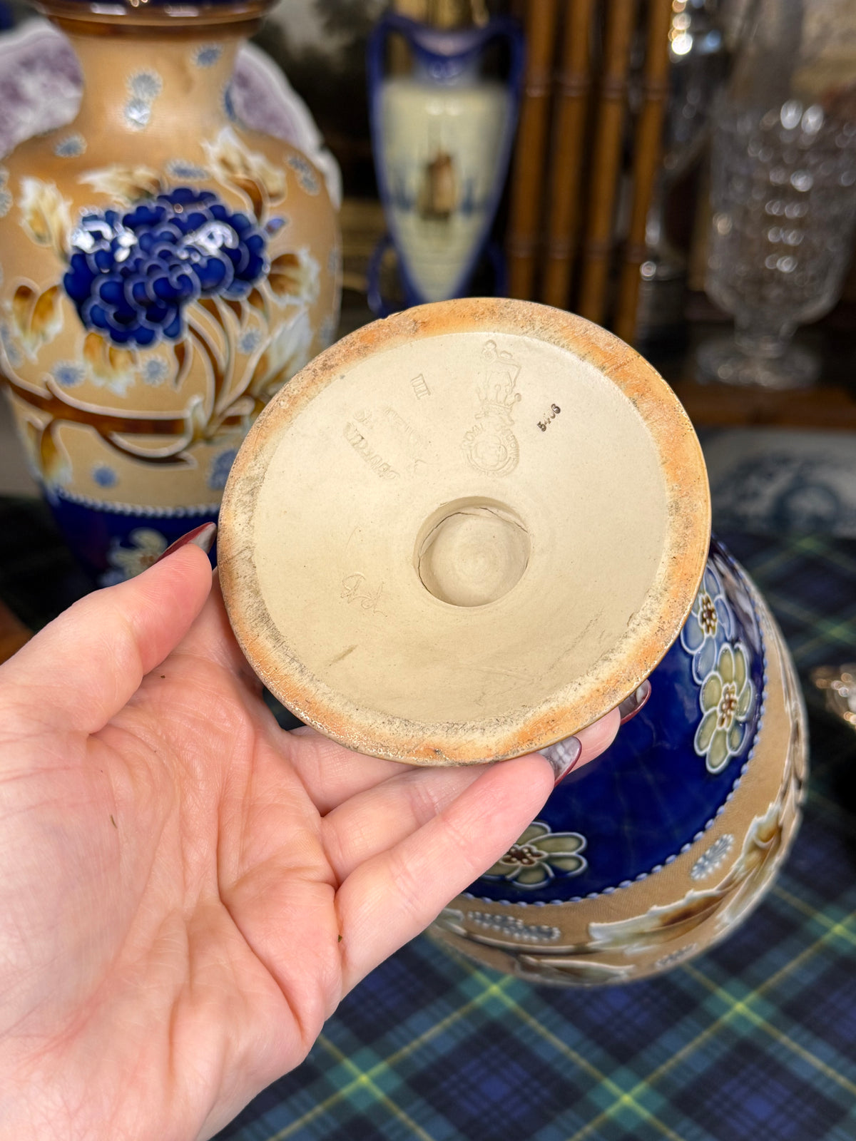 RESERVED - GRANDDIVA - Pair of Antique Royal Doulton Slater’s Patent Stoneware Floral Vases | Cobalt Blue & Ochre | c. 1905–1910