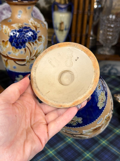 RESERVED - GRANDDIVA - Pair of Antique Royal Doulton Slater’s Patent Stoneware Floral Vases | Cobalt Blue & Ochre | c. 1905–1910