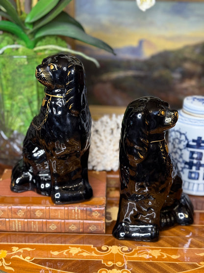 Antique 10” Tall English Black Staffordshire Mantle Dogs (c. 1890–1910) – Pair with Gilt Chain