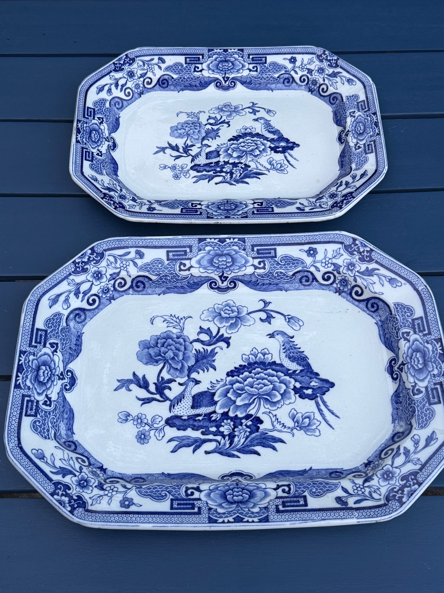 Antique Pair (2) Mason's Ironstone "India Pheasant" Blue & White Platters | Pair | Large & Small | c.1820 | Styles DA4493 & DA4494
