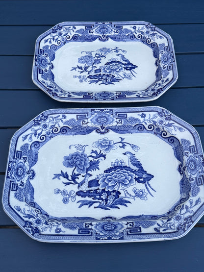Antique Pair (2) Mason's Ironstone "India Pheasant" Blue & White Platters | Pair | Large & Small | c.1820 | Styles DA4493 & DA4494
