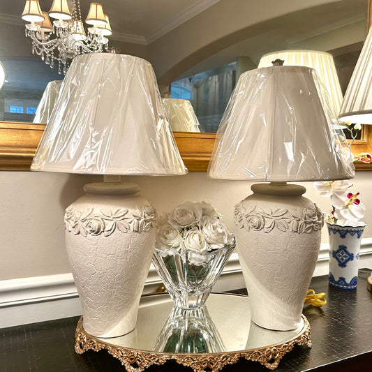 Delightful Pair of vintage boudoir white rose botanical ginger jar lamps with new shades