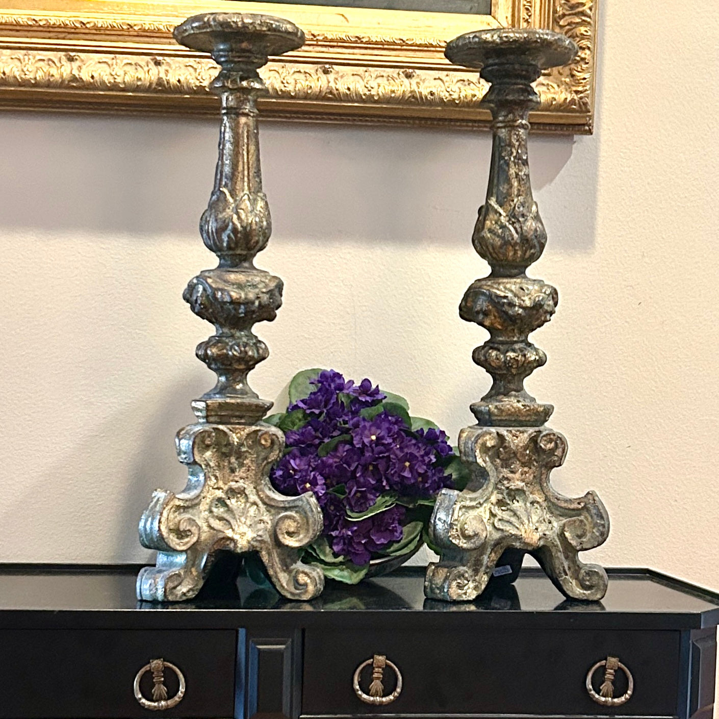 Spectacular pair of baroque  claw leg chippendale pillar candle holders 21 in