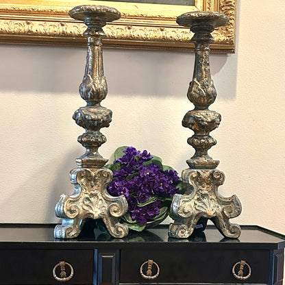 Spectacular pair of baroque  claw leg chippendale pillar candle holders 21 in