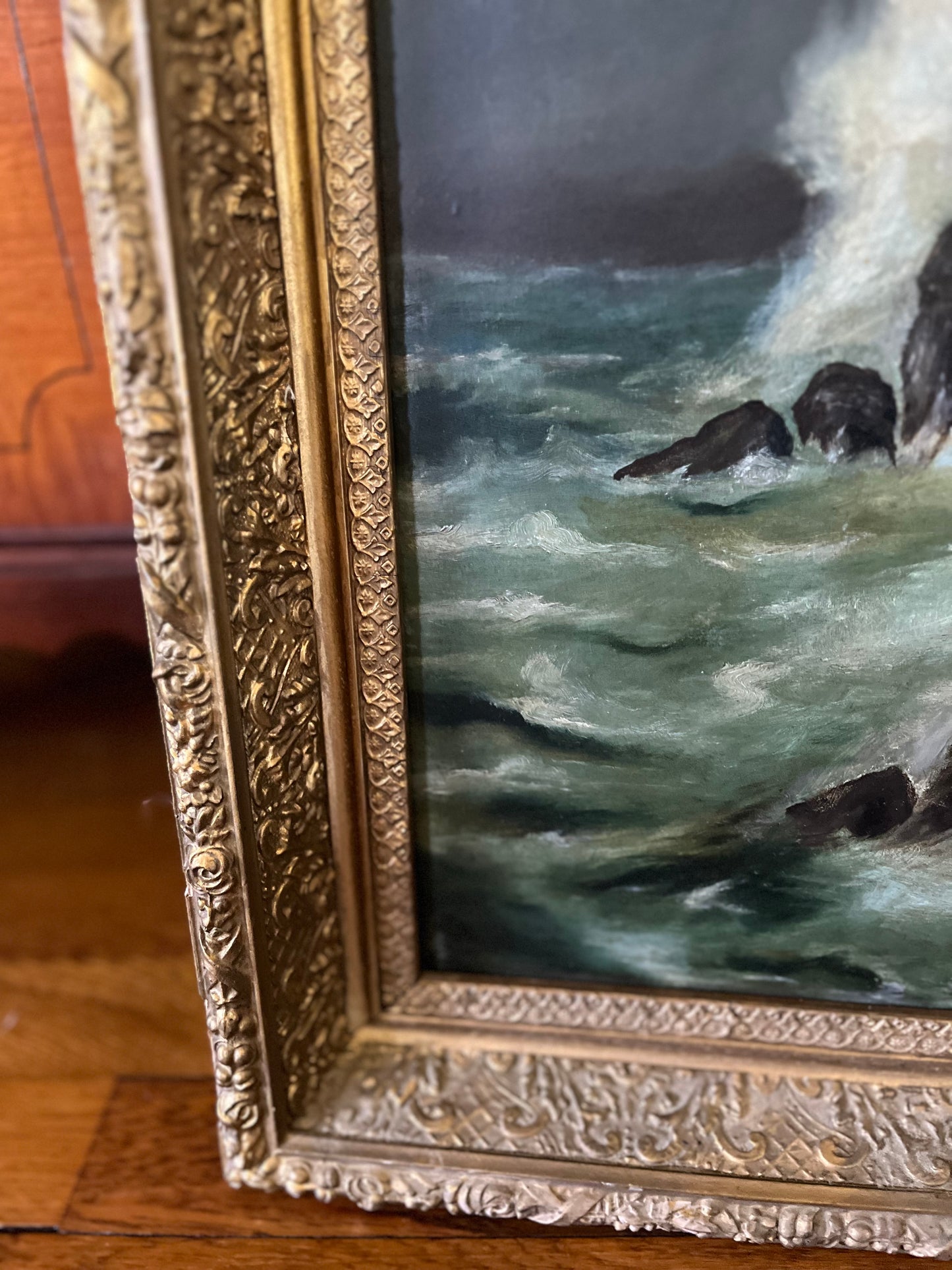 Sold Reserved Estate Antique Moody Coastal Seascape Original Fine Oil Paintings in Gilt Frames | Pair