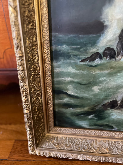 Sold Reserved Estate Antique Moody Coastal Seascape Original Fine Oil Paintings in Gilt Frames | Pair