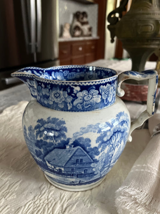 Love 06/22 Reserved Beautiful Early 1800’s Historic Blue Milk Jug Wild Rose Border