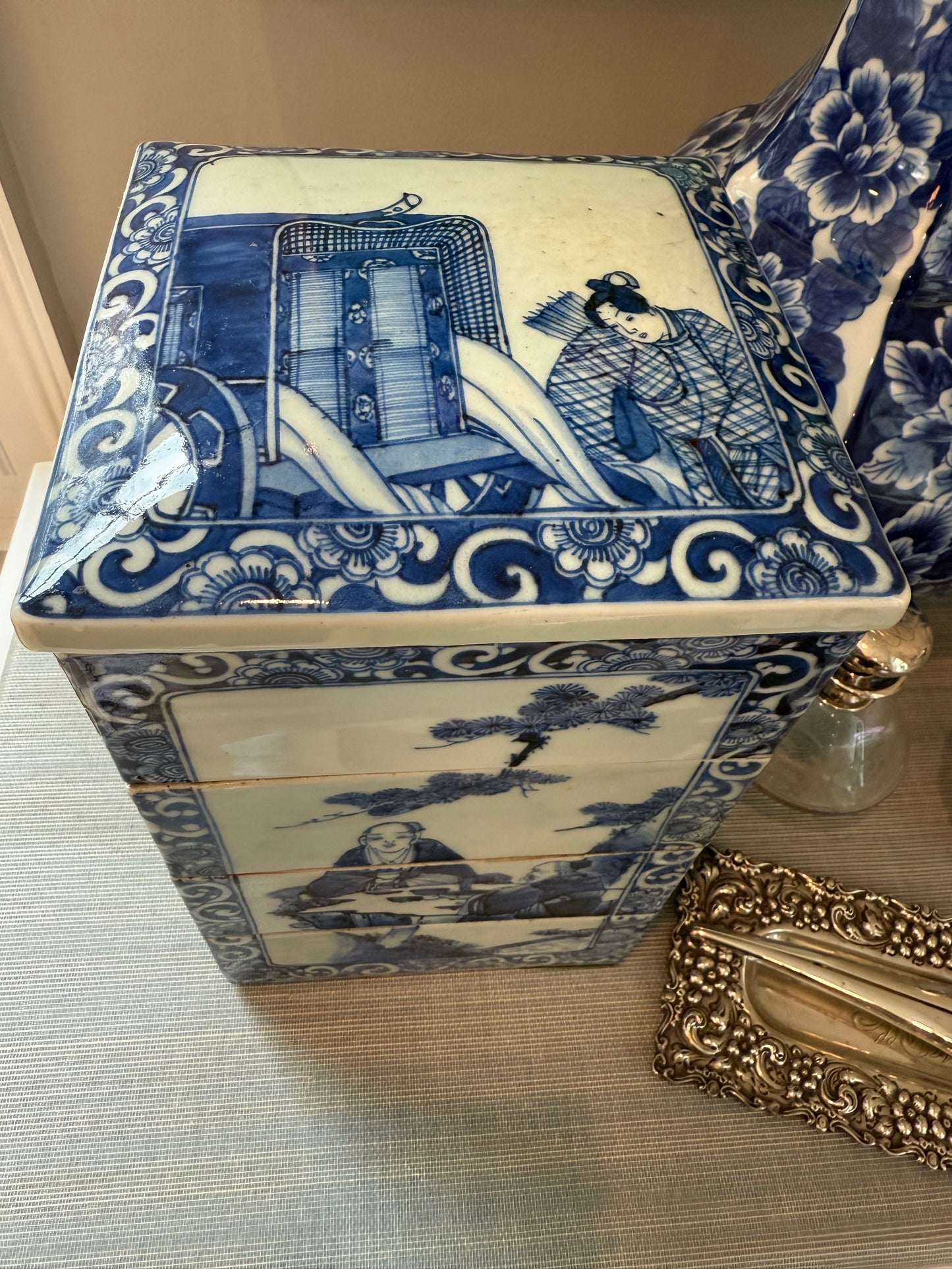 Antique Japanese Porcelain Blue & White 4 Sided Stacking Jubaku Boxes