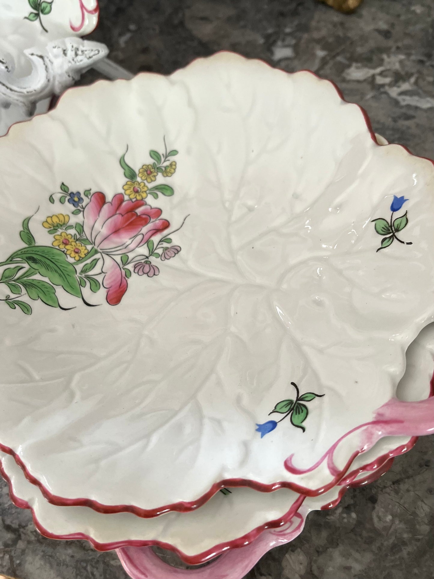 RESERVED - SANDEE - Live 06/09 Beautiful Set Of 4 Luneville Antique French Faience Leaf Shaped Plates