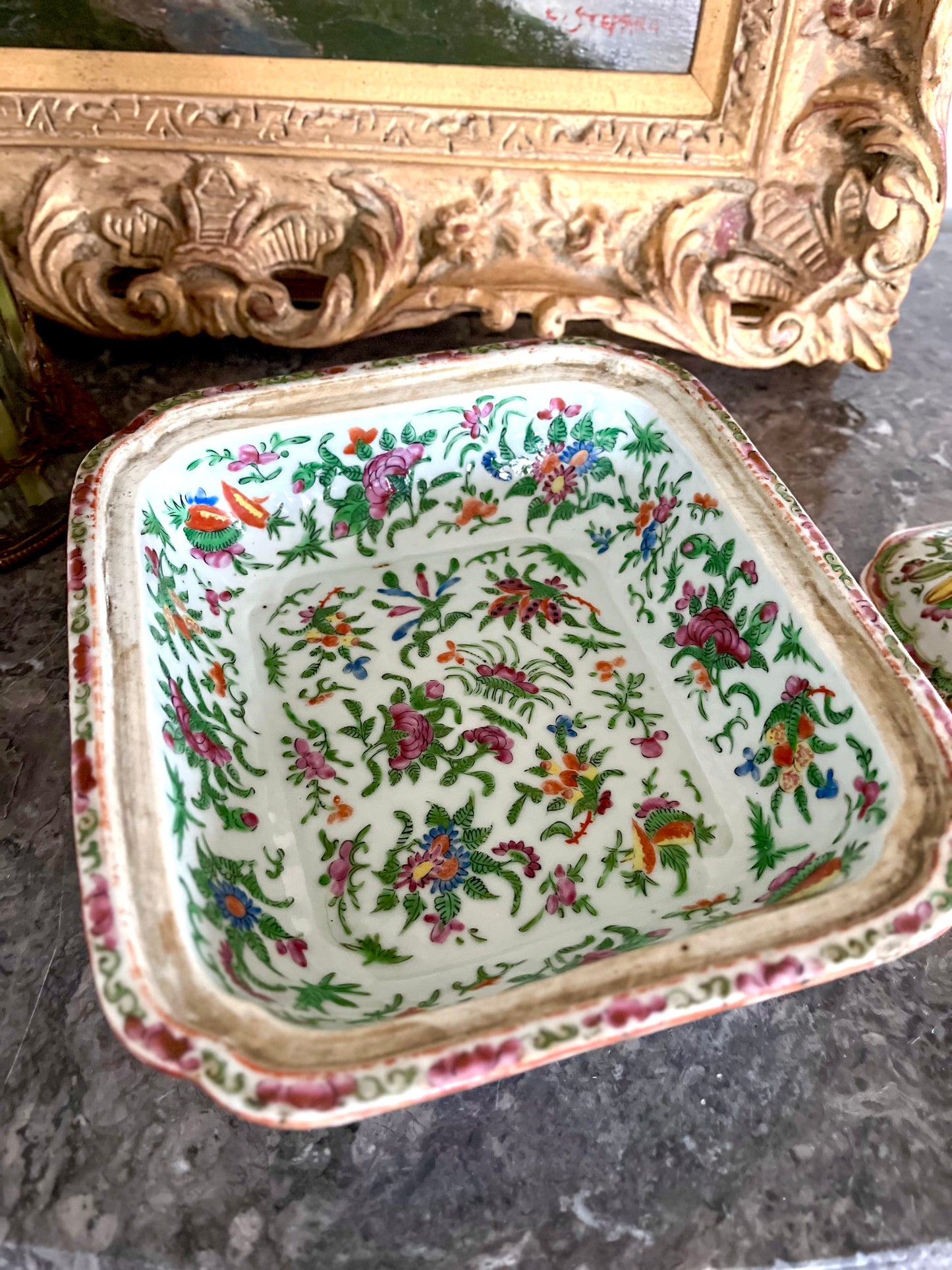 Rare Celadon/Floral-Interior Rose Medallion Covered Dish (19th C. Chinese Export)