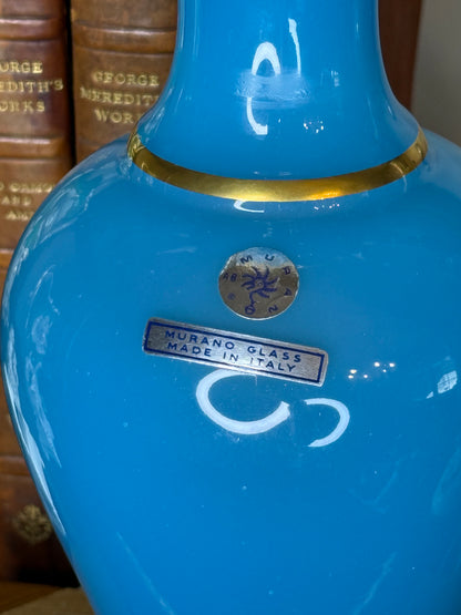 Vintage Murano Cenedese Turquoise Blue Opaline Glass Vase with Gold Trim | 10” Tall