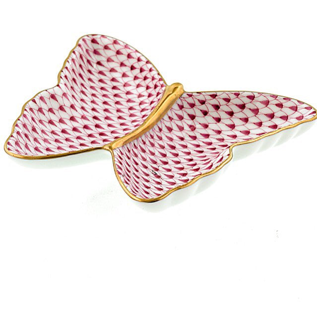 Herend Fishnet hand-painted porcelain with 24K gold: Butterfly Trinket Dish- 4.25″L X 1″