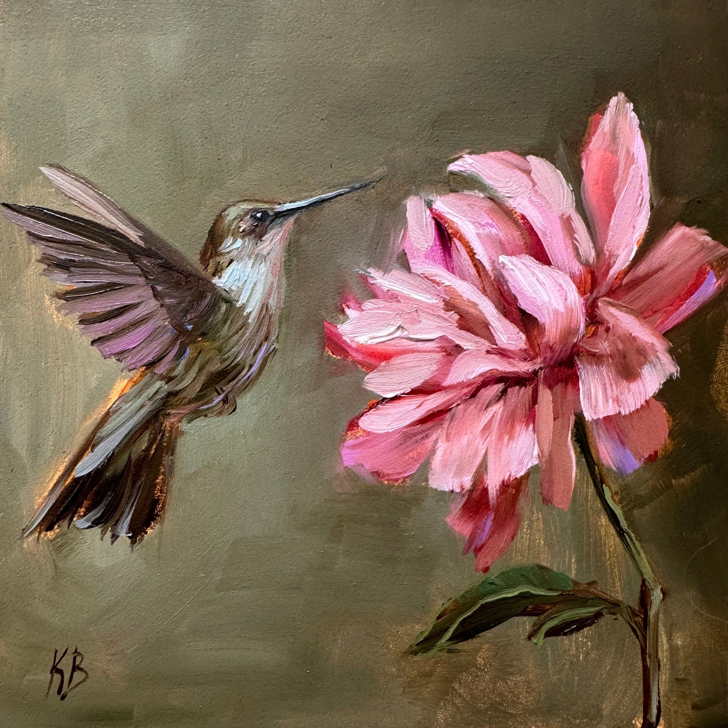 Live 08/11 Hummingbird and pink peony original oil painting framed in wooden gold frame 9.5x9.5”