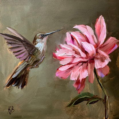 Live 08/11 Hummingbird and pink peony original oil painting framed in wooden gold frame 9.5x9.5”