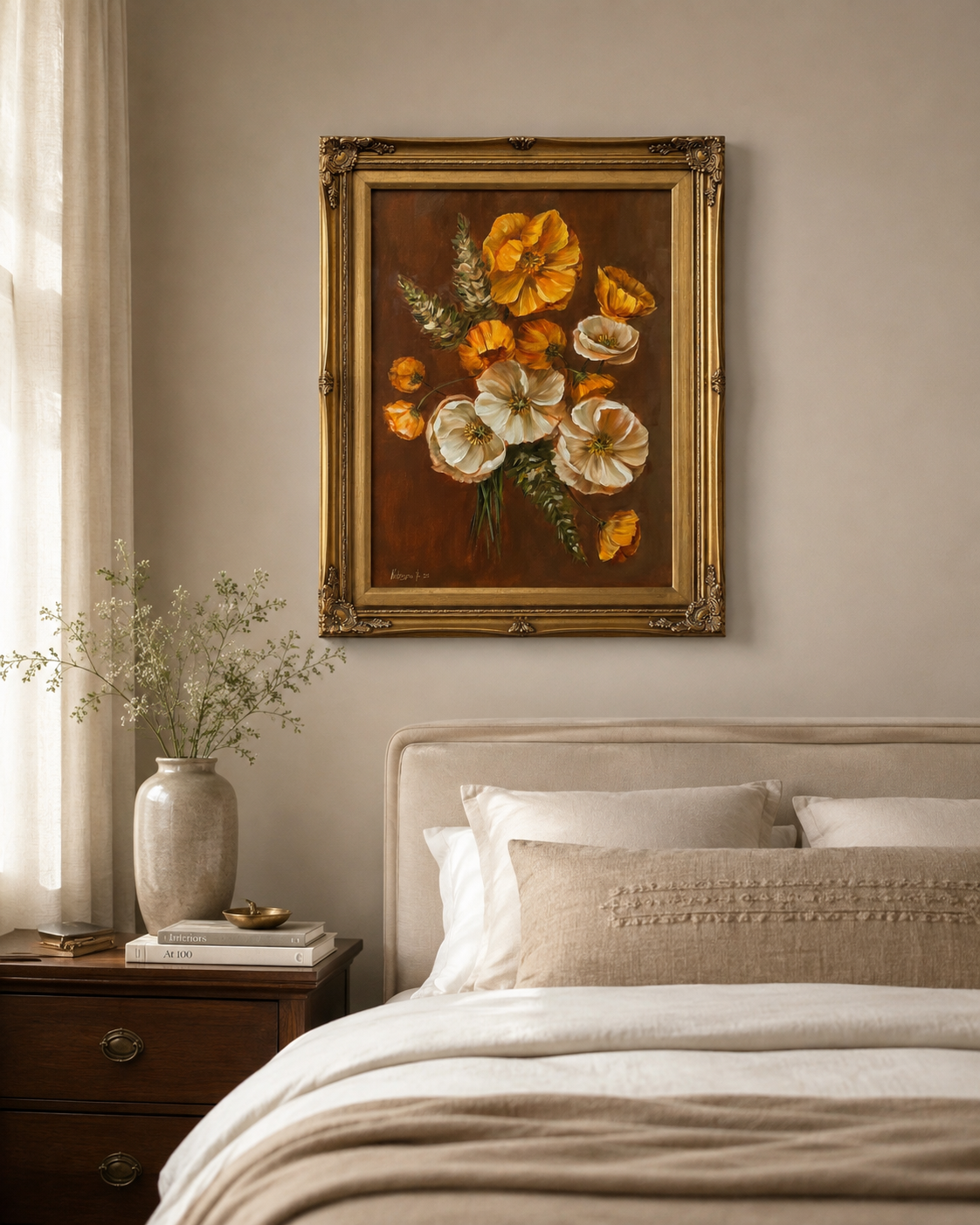 Yellow and white poppies bouquet original oil painting 23x29” framed