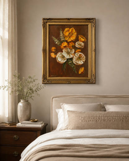 Yellow and white poppies bouquet original oil painting 23x29” framed