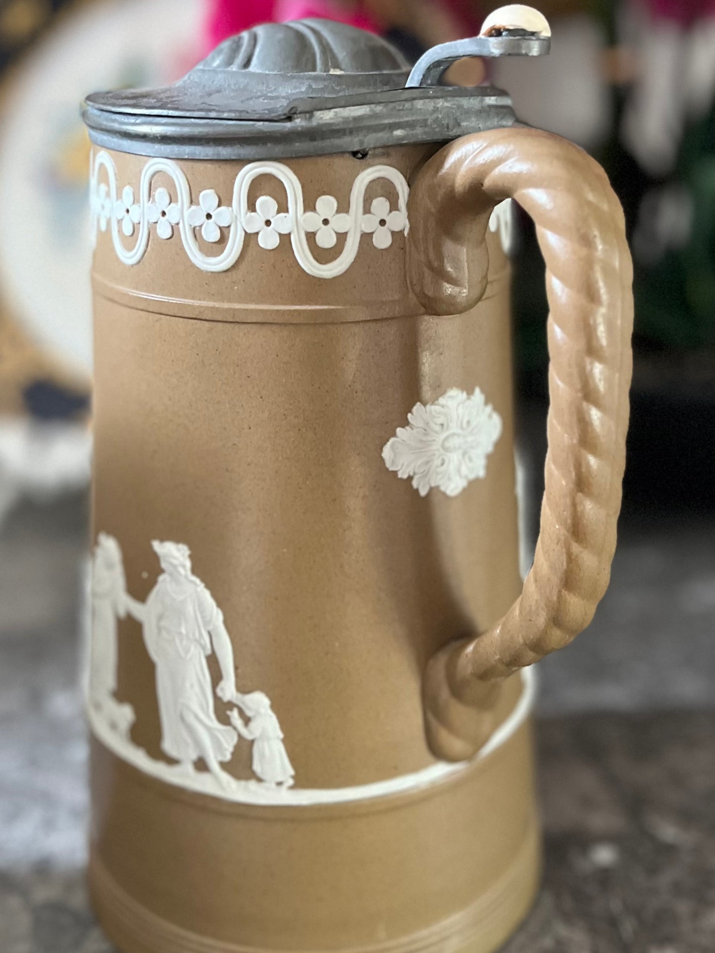 Live 06/22 Pair of Antique Dudson Brothers Brown Jasperware Jugs | Late 19th-Century Staffordshire | Neoclassical Relief with Pewter Lids