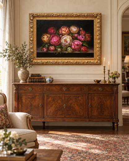 Large Peony Oil Painting in Ornate Gold Frame 44 x 36