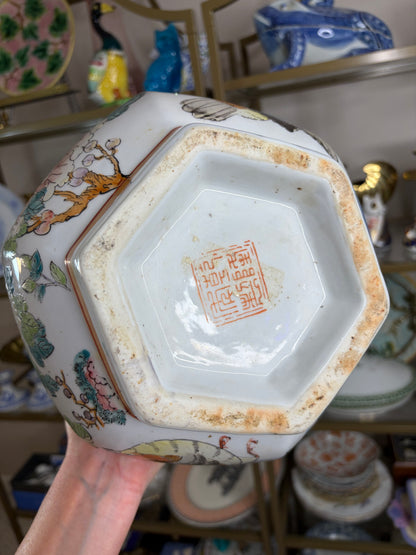 Stunning chinoiserie vase with birds and florals and deer handles!