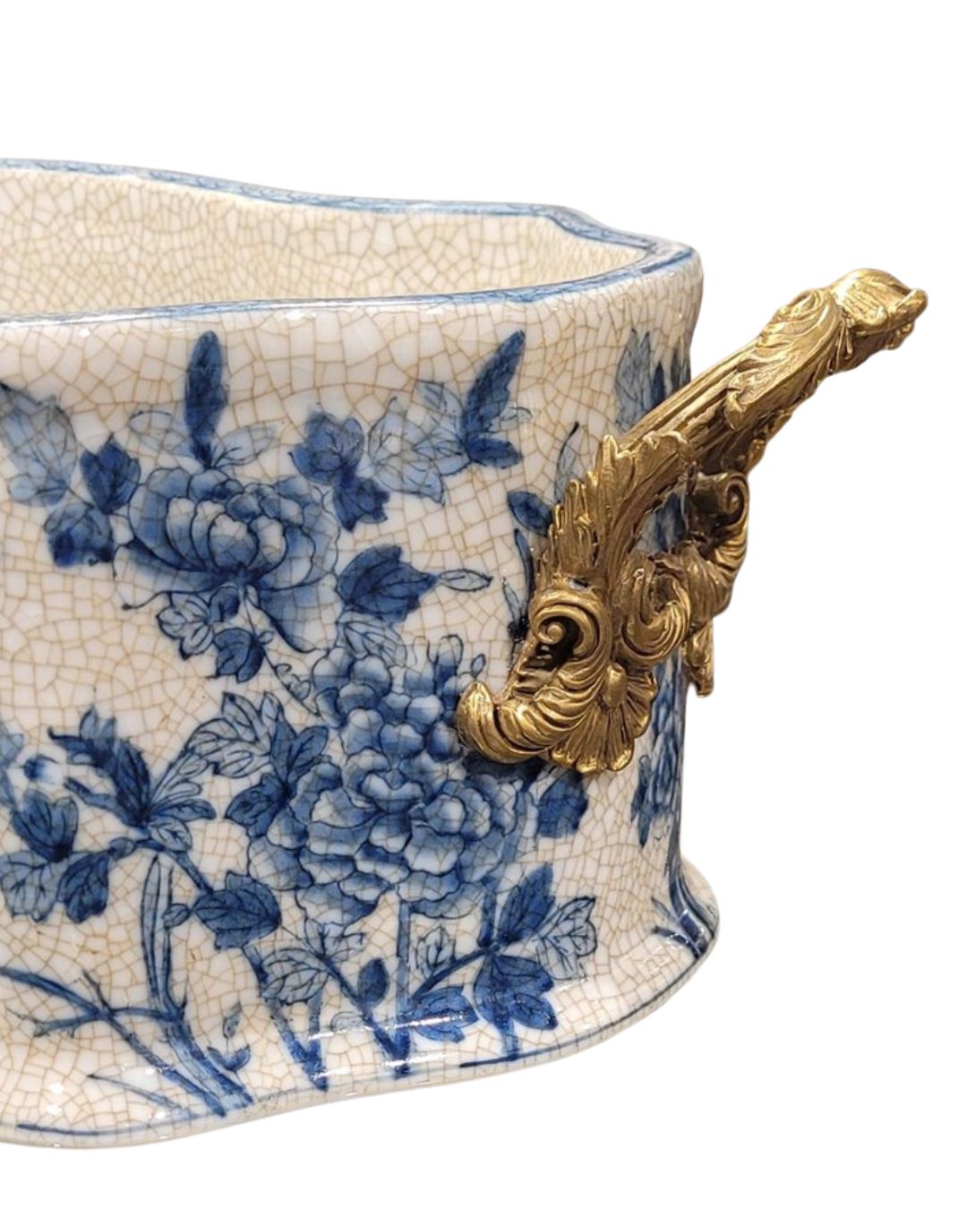 Danny's Fine Porcelain | Blue & White Porcelain "Prim rose" Basin, Bronze Detailing, 221L X 11W X 6.5H #14167