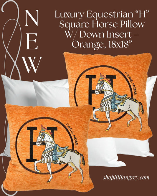 Luxury Equestrian “H” Square Horse Pillow W/Down Insert – Orange, 18x18”