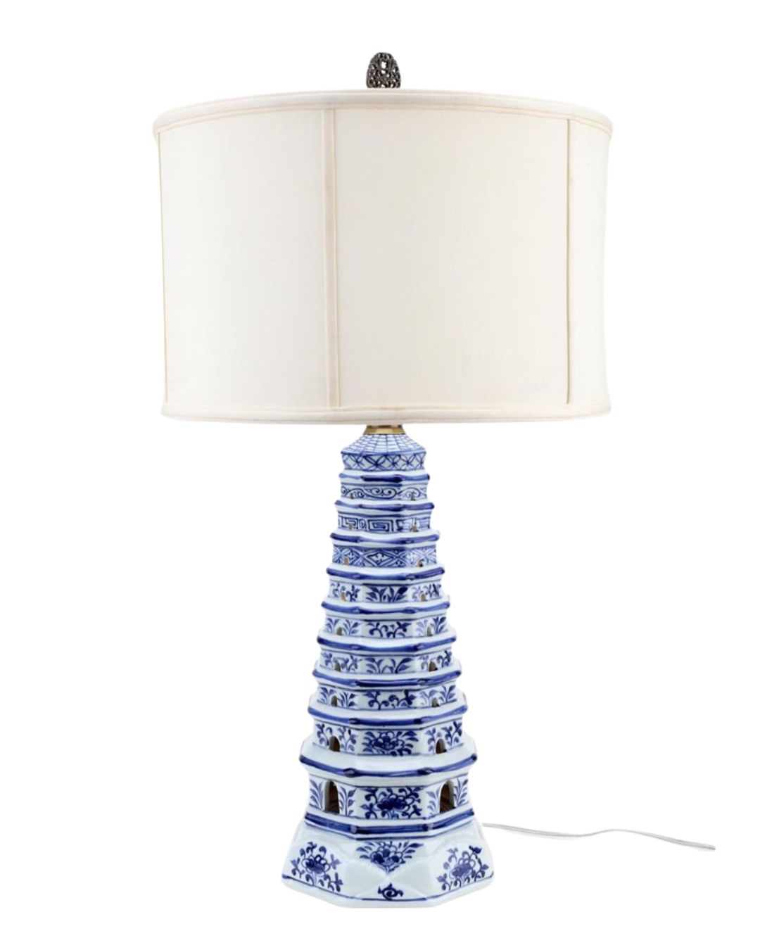 Danny’s Fine Porcelain: Blue & White Porcelain Pagoda Lamp | Dual-Light Illuminated Base | 30” Table Lamp