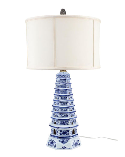 Danny’s Fine Porcelain: Blue & White Porcelain Pagoda Lamp | Dual-Light Illuminated Base | 30” Table Lamp