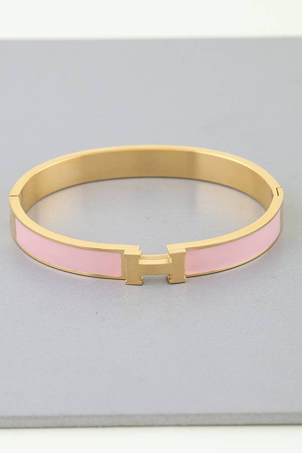 Pink Enamel “H” Gold Hinged Bangle Bracelet W/ Box
