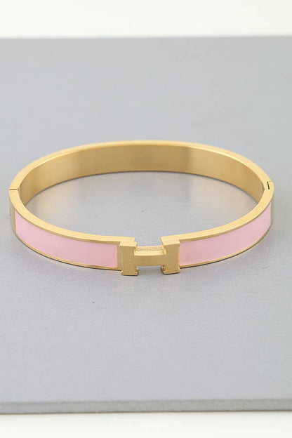 Pink Enamel “H” Gold Hinged Bangle Bracelet W/ Box