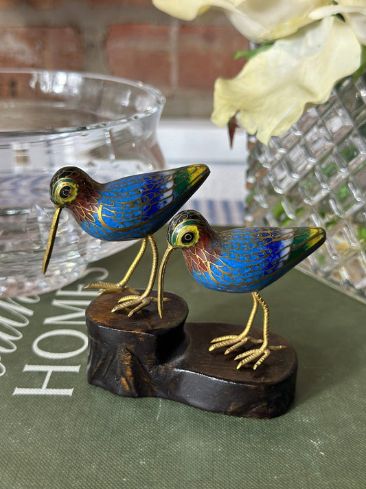 Vintage Pair (2) Cloisonné birds w/ wood stand, 1” - pristine!