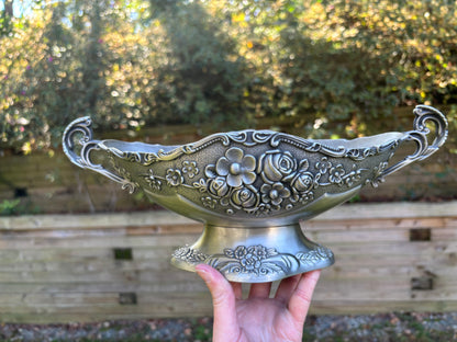 Beautiful ornate floral compote pedestal oval bowl with handles!