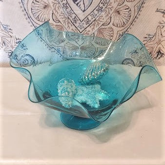 Large Mid Century Bischoff Hand Blown Glass, Ruffled Aqua Blue Compote with bubble inclusions