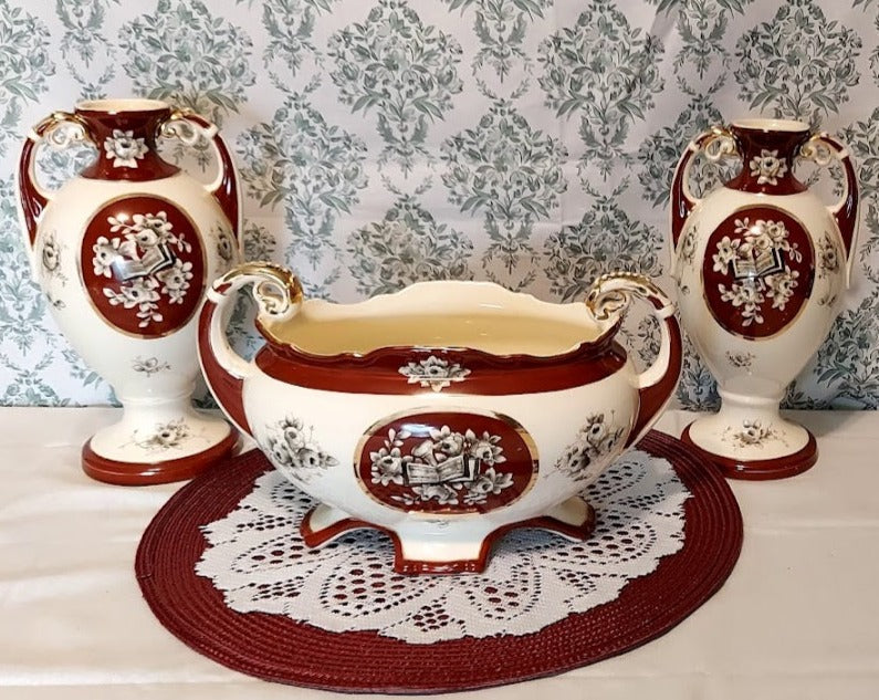 3 piece set of hand painted vases with matching bowl, very old, but still beautiful!