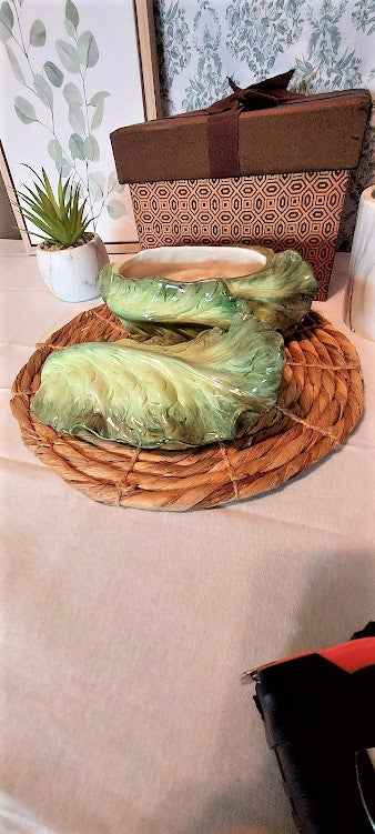 Antique Kaldun and Bogle lettuce leaf bowl and cover in gift box