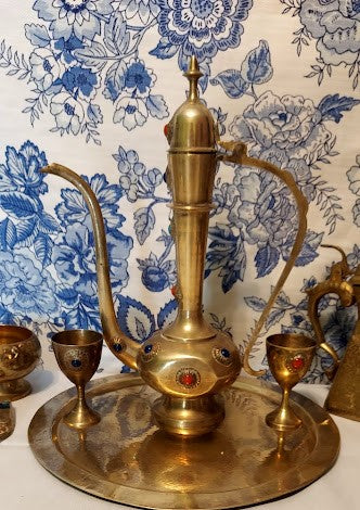 Vintage Brass Arabic Tea or Coffee Set Dallah with Six Cups and Tray