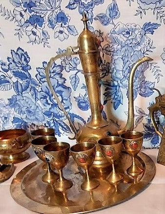 Vintage Brass Arabic Tea or Coffee Set Dallah with Six Cups and Tray