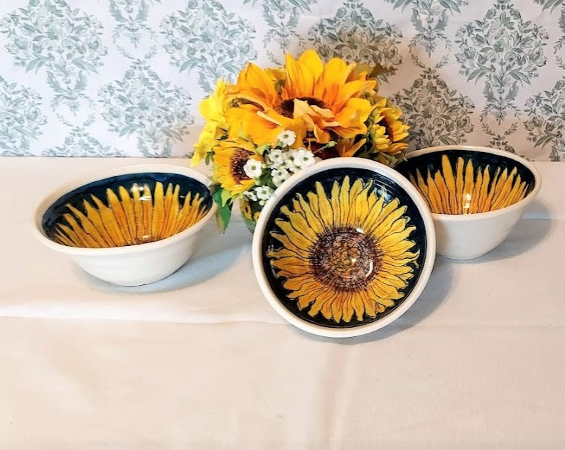 Sunflower Art Pottery Bowls, Set of 3, Signed LF
