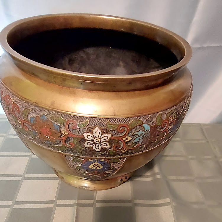 Antique brass enamelware planter pot