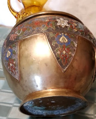 Antique brass enamelware planter pot