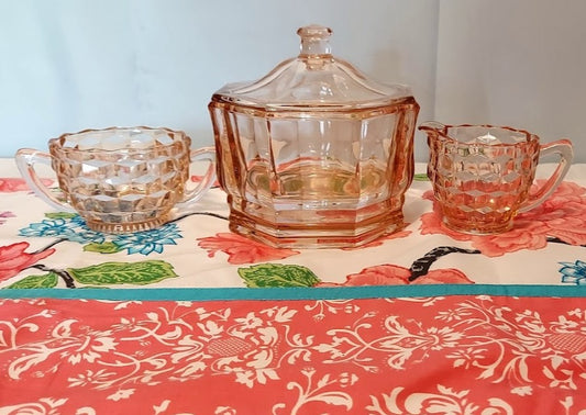 Pink Depression Glass, 3 pieces, Creamer, Sugar and Candy Dish