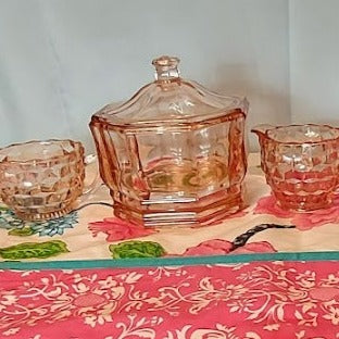 Pink Depression Glass, 3 pieces, Creamer, Sugar and Candy Dish